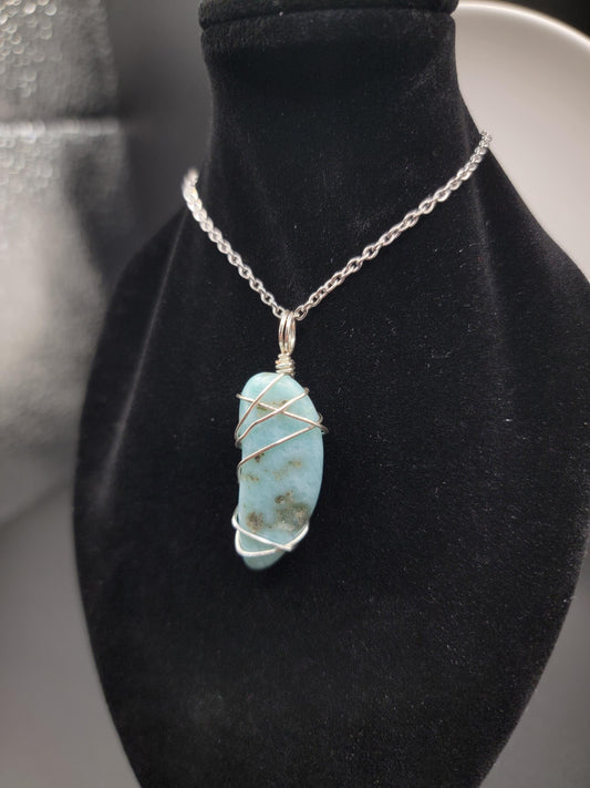 Polished Larimar Wire Wrap Necklace