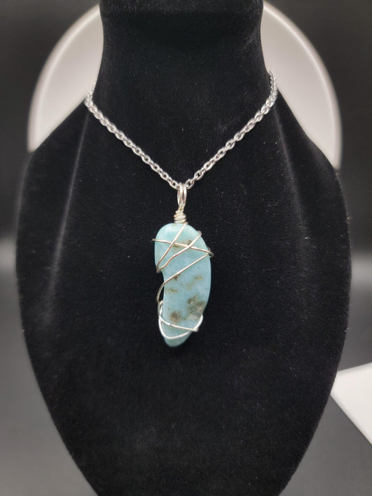 Polished Larimar Wire Wrap Necklace